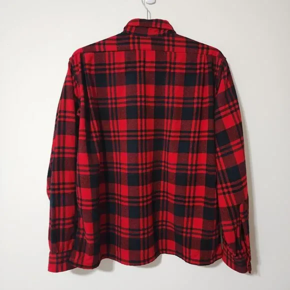 Vtg Mac Hugh Mens Virgin Wool Plaid 1/2 Zip Shirt Red Black Washable L/16-16.5 - Picture 3 of 8